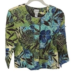 Chicos Floral Cotton‎ Sequined Jacket Women's Size 1 Blue Green Brown